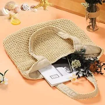 Sightor Straw Beach Bag, Women Tote Bag Woven Shoulder Bag, Handmade Large Summer Handbag Hobo Bag for Beach Picnic Vacation (Beige)
