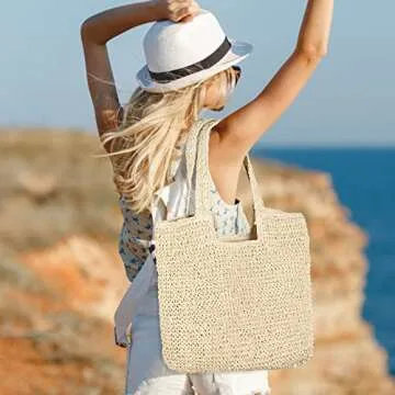 Sightor Straw Beach Bag, Women Tote Bag Woven Shoulder Bag, Handmade Large Summer Handbag Hobo Bag for Beach Picnic Vacation (Beige)