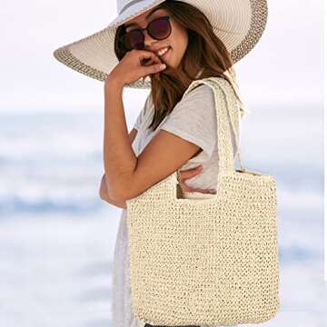 Sightor Straw Beach Bag, Women Tote Bag Woven Shoulder Bag, Handmade Large Summer Handbag Hobo Bag for Beach Picnic Vacation (Beige)