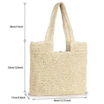 Sightor Straw Beach Bag, Women Tote Bag Woven Shoulder Bag, Handmade Large Summer Handbag Hobo Bag for Beach Picnic Vacation (Beige)
