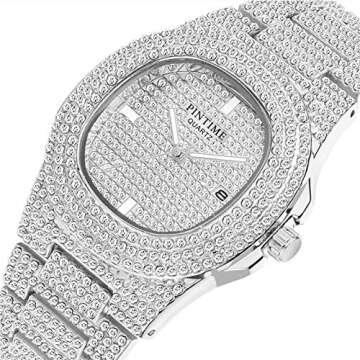 PINTIME Mens Diamond Watches Luxury Unisex Silver Gold Iced-Out Bling CZ Crystal Fashion Quartz Wome...