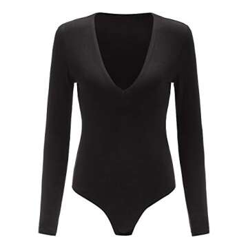 Verdusa Women's V Neck Long Sleeve Bodysuit Top Black S