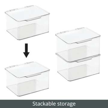 mDesign Plastic Kitchen Pantry and Fridge Storage Organizer Box Containers with Hinged Lid for Shelves or Cabinets, Holds Food, Snacks, Canned Drinks, Seasoning, Condiments, or Utensils, 2 Pack, Clear