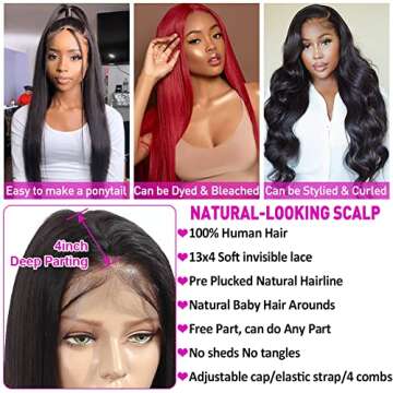 Hermosa 13x4 Lace Front Human Hair Wigs Pre Plucked with Baby Hair 220% Density 12A Brazilian Straight Human Hair Lace Front Wigs for Women Natural Hairline Natural Color 18 inch