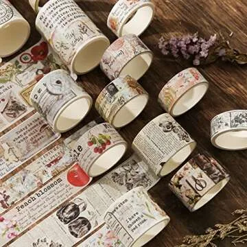 18 Rolls Vintage Washi Tape Set, Mushroom Flower Letter Retro Masking Tape 5/10/15/20/25/30/50/75mm Wide 6.56ft Long Decorative Scrapbook Tape for journaling, Scrapbooking Supplies, Junk Journal Craft