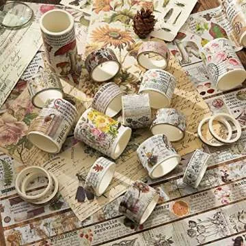 18 Rolls Vintage Washi Tape Set, Mushroom Flower Letter Retro Masking Tape 5/10/15/20/25/30/50/75mm Wide 6.56ft Long Decorative Scrapbook Tape for journaling, Scrapbooking Supplies, Junk Journal Craft
