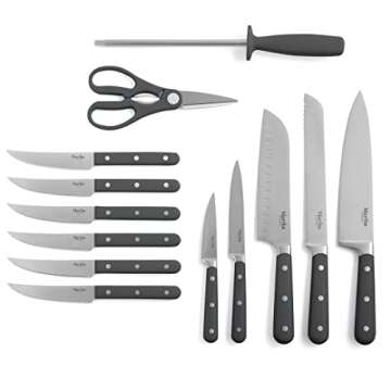 MARTHA STEWART Eastwalk 14 Piece High Carbon Stainless Steel Cutlery Knife Block Set w/ABS Triple Riveted Forged Handle Acacia Wood Block - Gray