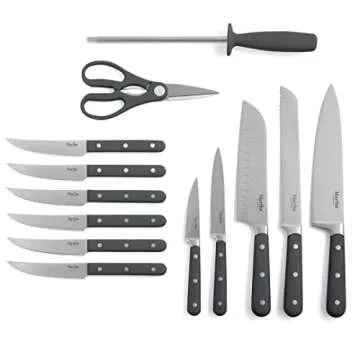 MARTHA STEWART Eastwalk 14 Piece High Carbon Stainless Steel Cutlery Knife Block Set w/ABS Triple Riveted Forged Handle Acacia Wood Block - Gray