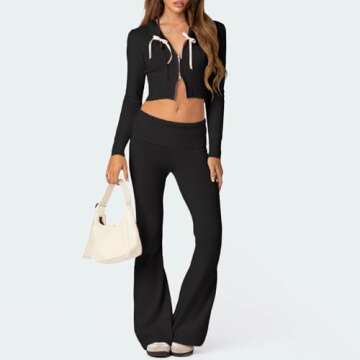 Women Y2k Grunge 2 Piece Outfit Ribbed Knit Long Sleeve Zip up Cropped Hoodie Top+Bodycon Long Pants Set Loungewear