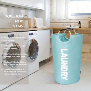 DOKEHOM 82L Large Laundry Basket, Collapsible Laundry Bag, Freestanding Tall Clothes Hamper, Foldable Washing Bin (Light Blue)