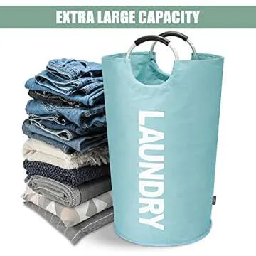 DOKEHOM 82L Large Laundry Basket, Collapsible Laundry Bag, Freestanding Tall Clothes Hamper, Foldable Washing Bin (Light Blue)
