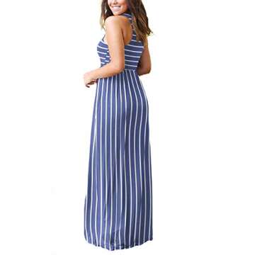 EUOVMY Sleeveless Sundresses for Women Loose Crewneck A-line Casual Flowy Elegant Maxi Dress Party Vintage Spring Summer Ladies Beach Vacation Long Dresses with Pockets Light Blue Striped X-Large