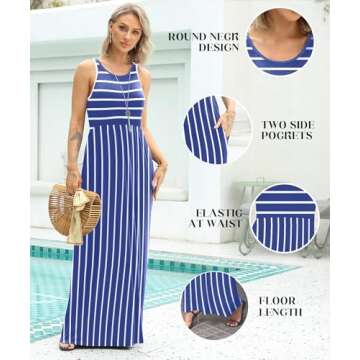 EUOVMY Sleeveless Sundresses for Women Loose Crewneck A-line Casual Flowy Elegant Maxi Dress Party Vintage Spring Summer Ladies Beach Vacation Long Dresses with Pockets Light Blue Striped X-Large