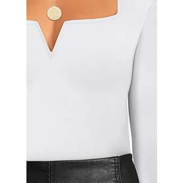 SAUNGKUAI Women's Notch V Neck Long Sleeve Thong Bodysuit Tops Square Neck Fall Body Suits White Medium