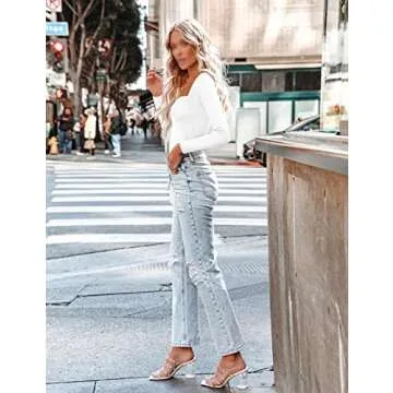 SAUNGKUAI Women's Notch V Neck Long Sleeve Thong Bodysuit Tops Square Neck Fall Body Suits White Medium