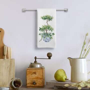 Qeheb Chinoiserie Kitchen Towels, Blue and White Kitchen Decor, Chinoiserie Natural Green Plant Deco...