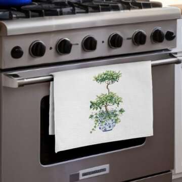 Qeheb Chinoiserie Kitchen Towels, Blue and White Kitchen Decor, Chinoiserie Natural Green Plant Decor Kitchen Towels, Vintage Blue and White Porcelain Kitchen Hand Dish Tea Towels 16X24In