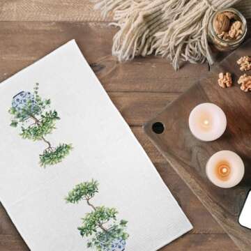 Qeheb Chinoiserie Kitchen Towels, Blue and White Kitchen Decor, Chinoiserie Natural Green Plant Decor Kitchen Towels, Vintage Blue and White Porcelain Kitchen Hand Dish Tea Towels 16X24In