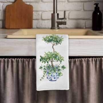 Qeheb Chinoiserie Kitchen Towels, Blue and White Kitchen Decor, Chinoiserie Natural Green Plant Decor Kitchen Towels, Vintage Blue and White Porcelain Kitchen Hand Dish Tea Towels 16X24In