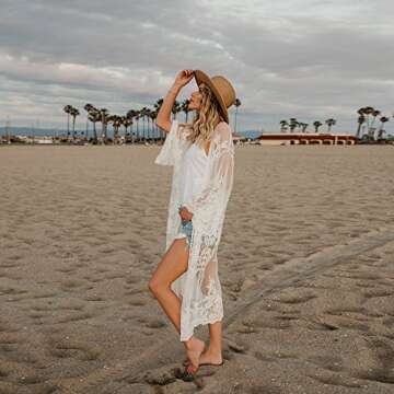 Women Solid Lace Bohemian Beach Long Oversized Kimono Coat White
