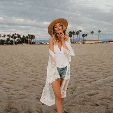 Women Solid Lace Bohemian Beach Long Oversized Kimono Coat White