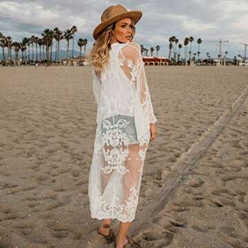 Women Solid Lace Bohemian Beach Long Oversized Kimono Coat White