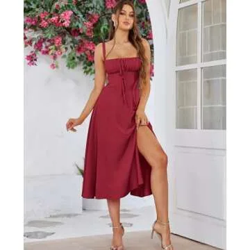 Wedding Guest Dresses for Women Midi Corset Lace Up A Line Dress Solid Flowy Slit Going Out Sundress for Tea Party