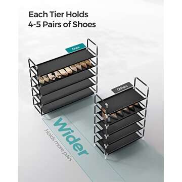 SONGMICS 5-Tier Shoe Rack, Shoe Storage for Hallway Closet, Slim and Space-Saving, Metal Frame, Non-Woven Fabric Shelves, Black ULSH55H