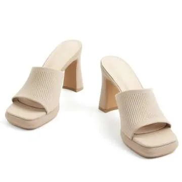 MUSSHOE High Platform Sandals for Women Square Toe Chunky Heel Block Heeled Sandals Slip On Open Toe Comfortable Sandals, Beige knit 8