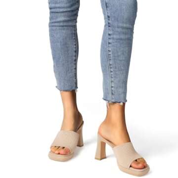 MUSSHOE High Platform Sandals for Women Square Toe Chunky Heel Block Heeled Sandals Slip On Open Toe Comfortable Sandals, Beige knit 8