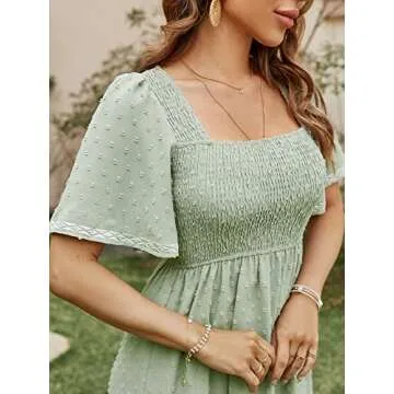 Glamaker Women's Summer Casual Short Sleeve Smocked Square Neck A Line Flowy Midi Dress Midi Dress