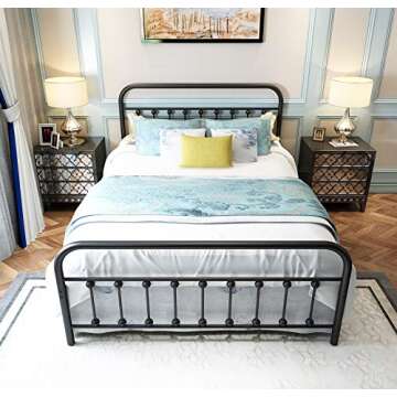 NEEBIRGELIA Black Metal Bed Frame Queen Size with Headboard and Footboard Single Platform Mattress Base,Metal Tube and Iron-Art Bed（Queen,Black）