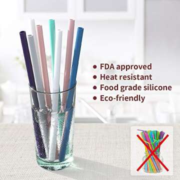 Reusable straw, DIOZO 12 Set Silicone Drinking Straws for 30oz and 20oz Tumblers Reusable Silicone Straws BPA Free Extra Long with Cleaning Brushes- Straight- 9mm diameter