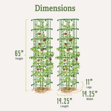 Gardener’s Supply Company Extra Tall Heavy-Guage Square Tomato Cages | Easy Fold Plant Supports & Vegetable Garden Stakes | 14.25" x 14.25" x 65" - Green (Set of 2)