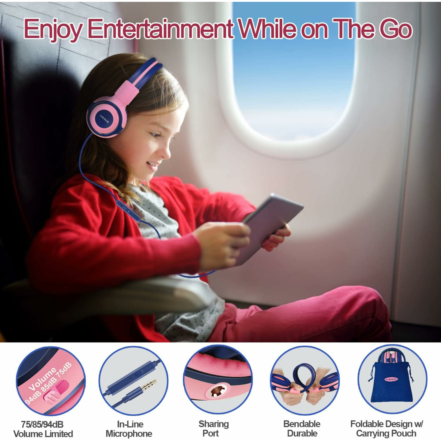 Safe Volume Limit Kids Headphones for Girls - Pink