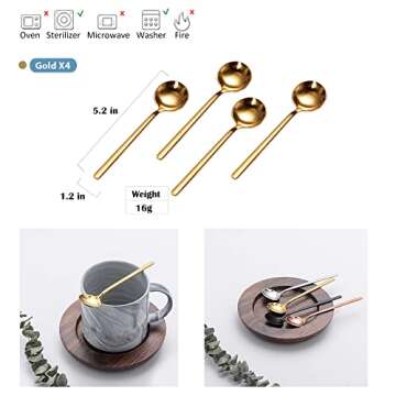4 PCS Espresso Spoons 18/8 Stainless Steel, 5.2 Inches Vogue Mini Teaspoons Set for Stirring Coffee, Dessert Cake, Ice Cream, Soup, Antipasto Cappuccino, Frosted Handle, Sweejar（Gold）