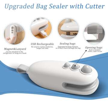 Mini Bag Sealer, 2 in 1 Chip Bag Sealer with Cutter, Rechargeable Bag Sealer Heat Seal, Portable Res...