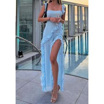 Ecirod Womens Spaghetti Strap High Slit Bodycon Maxi Dress Square Neck Backless Party Club Dress Blue