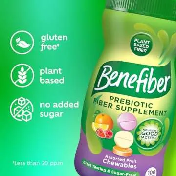Benefiber Chewable Prebiotic Fiber Supplement Tablets for Digestive Health, Assorted Fruit Flavors - 100 Count