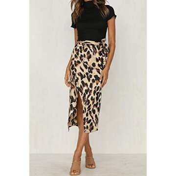 HUILAN Women's Leopard Knotted High Waist Wrap Split Skirt 1-Multi L