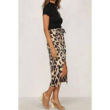 HUILAN Women's Leopard Knotted High Waist Wrap Split Skirt 1-Multi L