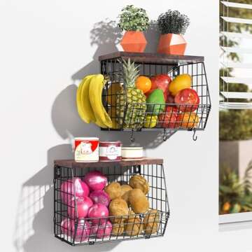 Wawocs 2 Tier Fruit Bowl Fruit Basket for Kitchen Counter Stackable Wall Mounted Hanging Basket Wire...
