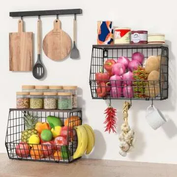 Wawocs 2 Tier Fruit Bowl Fruit Basket for Kitchen Counter Stackable Wall Mounted Hanging Basket Wire Baskets with Wood Lid with 4 Banana Hanger Hooks, Onion Basket, Fruit and Vegetable Storage