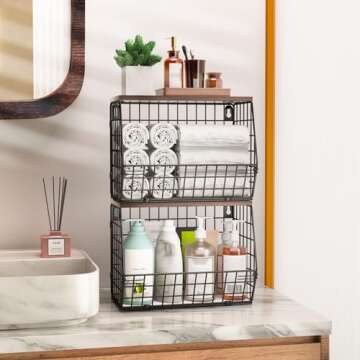 Wawocs 2 Tier Fruit Bowl Fruit Basket for Kitchen Counter Stackable Wall Mounted Hanging Basket Wire Baskets with Wood Lid with 4 Banana Hanger Hooks, Onion Basket, Fruit and Vegetable Storage