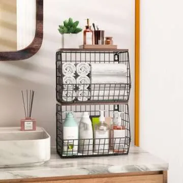 Wawocs 2 Tier Fruit Bowl Fruit Basket for Kitchen Counter Stackable Wall Mounted Hanging Basket Wire Baskets with Wood Lid with 4 Banana Hanger Hooks, Onion Basket, Fruit and Vegetable Storage