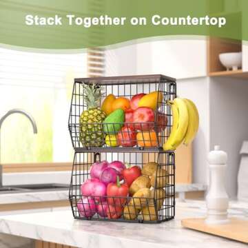 Wawocs 2 Tier Fruit Bowl Fruit Basket for Kitchen Counter Stackable Wall Mounted Hanging Basket Wire Baskets with Wood Lid with 4 Banana Hanger Hooks, Onion Basket, Fruit and Vegetable Storage