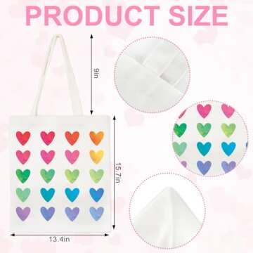 Whaline Colorful Heart Canvas Tote Bags Rainbow Love Heart Shopping Bag Valentine's Day Reusable Gif...
