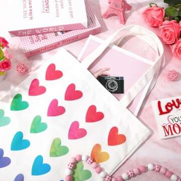 Whaline Colorful Heart Canvas Tote Bags Rainbow Love Heart Shopping Bag Valentine's Day Reusable Gift Goodie Bag for Gifts Wrapping Storage