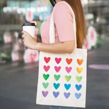 Whaline Colorful Heart Canvas Tote Bags Rainbow Love Heart Shopping Bag Valentine's Day Reusable Gift Goodie Bag for Gifts Wrapping Storage