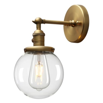 PERMO Vintage Industrial Wall Sconce Lighting Fixture with Mini 5.9" Round Clear Glass Globe Hand Blown Shade (Antique)